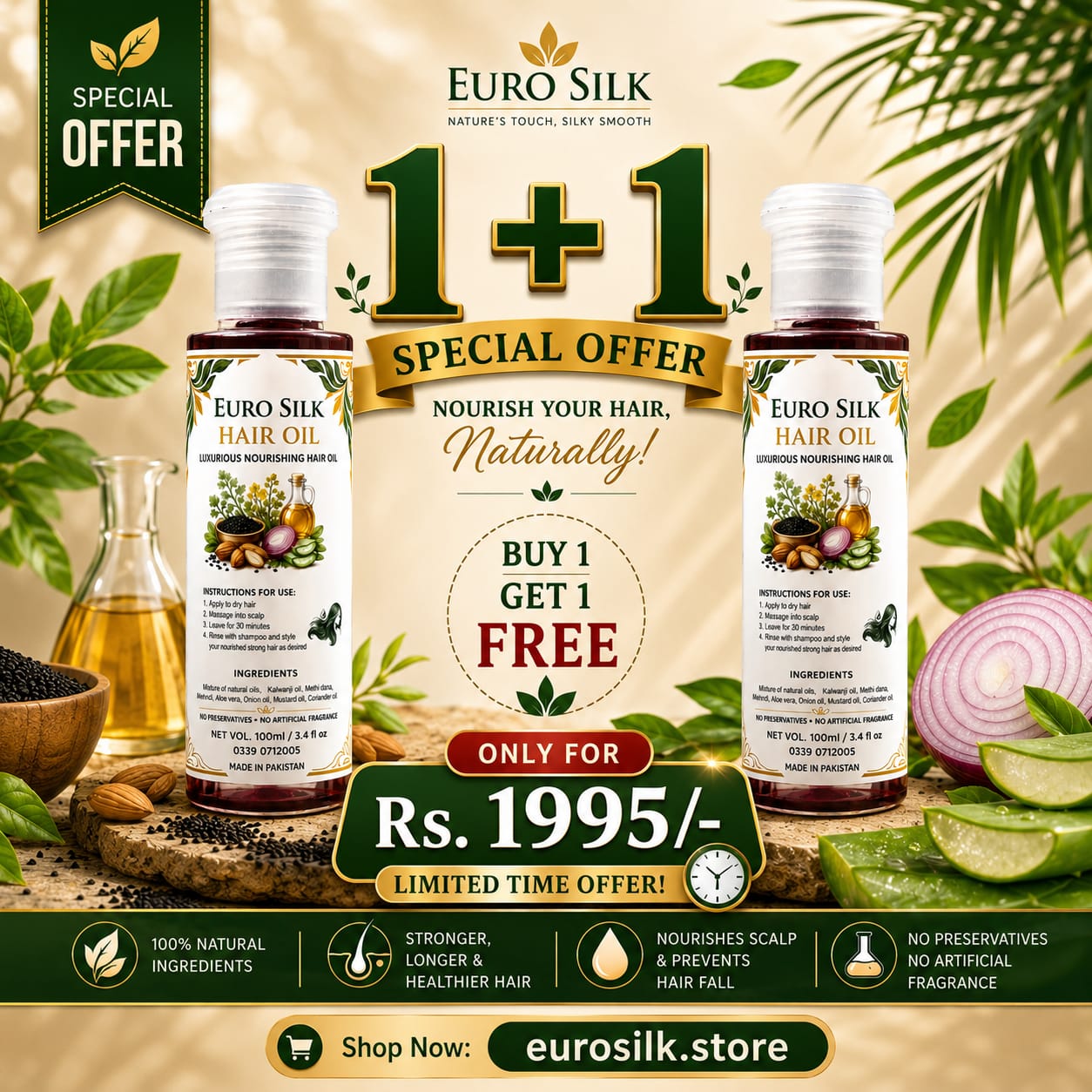 Euro Silk Natural Hair Oil – Limited Time Offer 1 + 1 (100ml each)